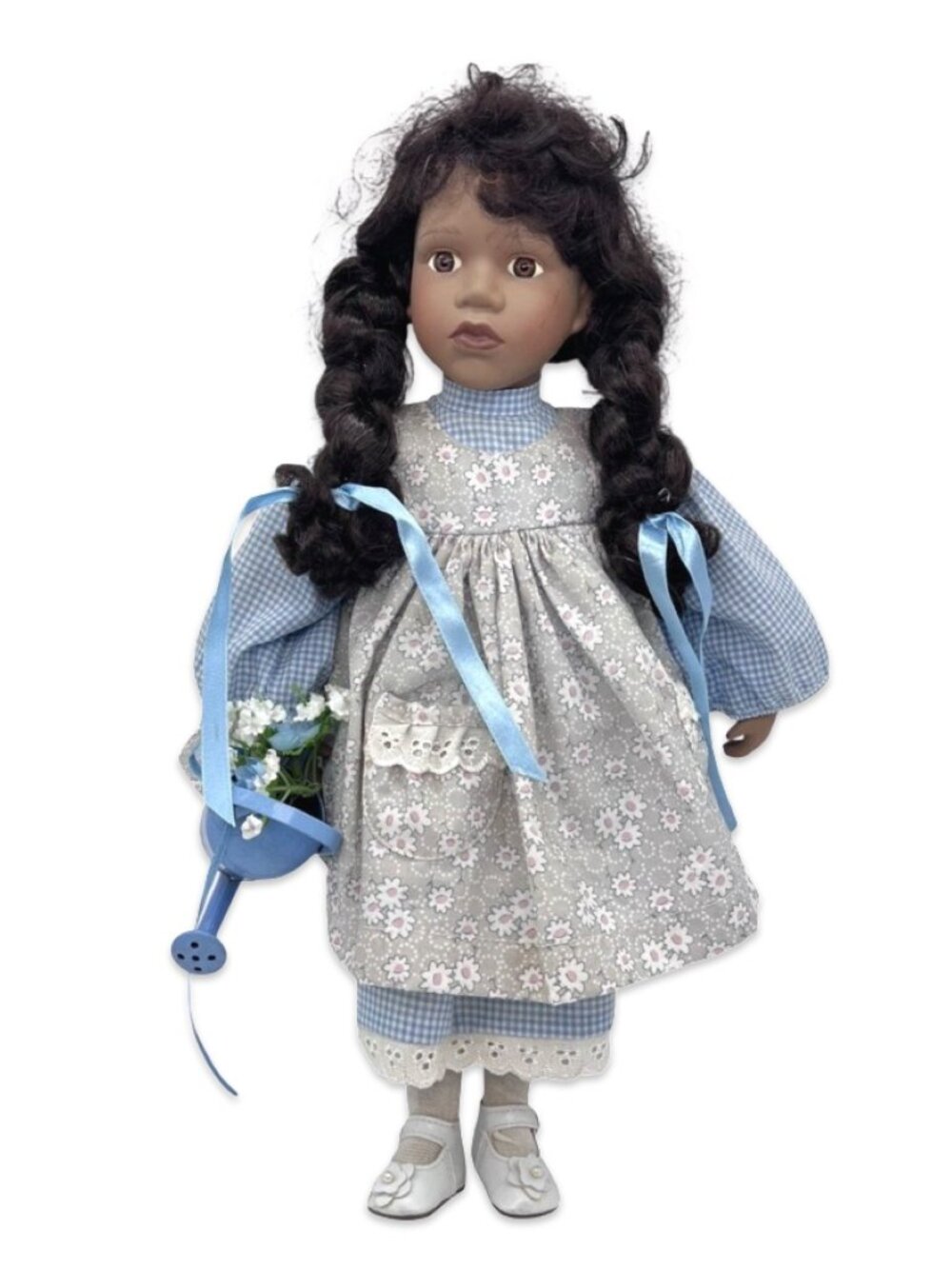 Porcelain Doll Vintage Girl Gingham Dress 15"